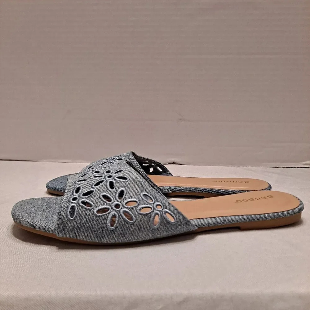 Bamboo Women's Denim Slide Sandals Size 8.5 Blue Floral Embroidered Perforated